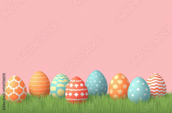 Fototapeta Colorful Easter eggs in green grass with pink background. Copy space for text