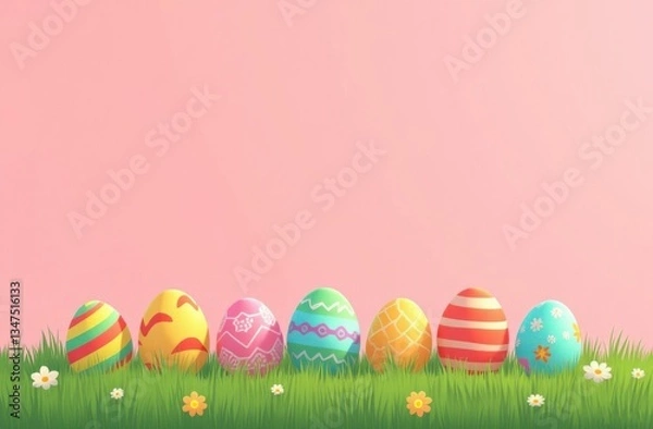 Fototapeta Colorful Easter eggs in green grass with pink background. Copy space for text