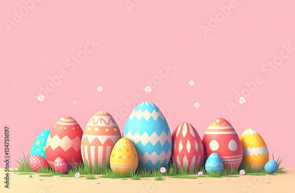 Fototapeta Colorful Easter eggs in green grass with pink background. Copy space for text