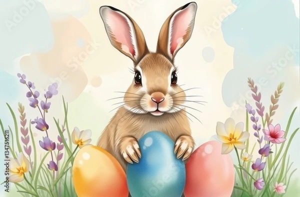 Fototapeta Happy Easter concept with colorful eggs and bunny among flowers in spring time