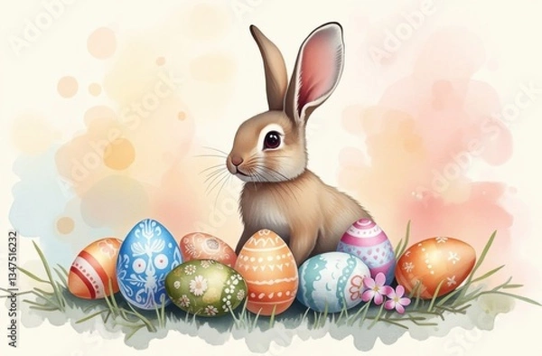Fototapeta Happy Easter concept with colorful eggs and bunny among flowers in spring time