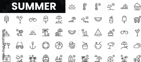 Fototapeta A collection of minimalistic summer icons representing seasonal fun and activities.