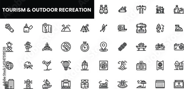 Fototapeta Collection of outdoor recreation and tourism icons in a minimalistic style.