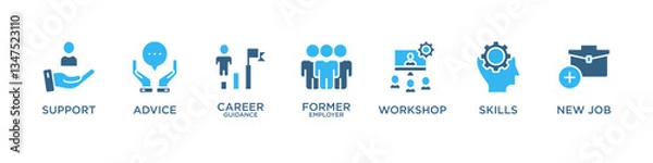 Fototapeta OUTPLACEMENT banner web icon vector illustration concept with icon of support, advice, career guidance, former employer, workshop, skills, new job, 