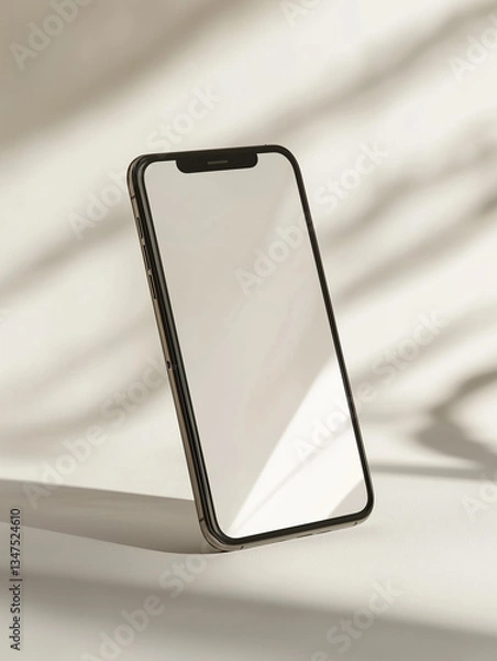 Fototapeta Sleek phone mockup standing on a glossy surface, reflecting soft light. Perfect for showcasing mobile apps, UI/UX design, or digital branding