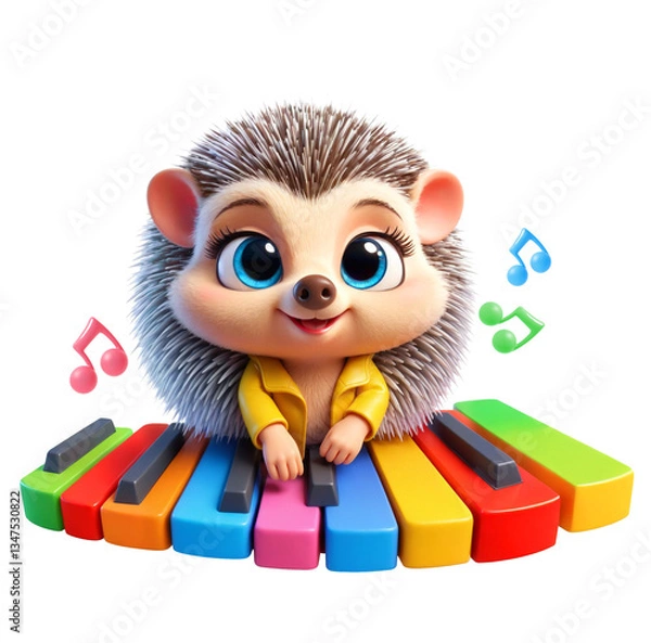 Obraz Cute hedgehog. Artificial Intelligence. Funny Illustration. 3D Character. Cartoon 3D. character. Hedgehog piano, music. notes.