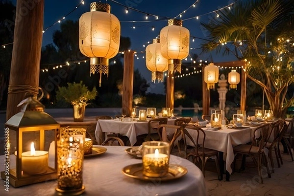 Obraz A beautifully arranged Ramadan Iftar table with glowing lanterns, traditional Middle Eastern cuisine, and a warm festive ambiance