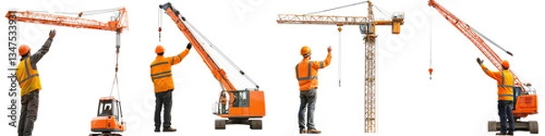 Fototapeta set of A construction worker using correct hand signals to guide a crane operator, construction worker correct signals and crane operation, on a transparent backgrounds