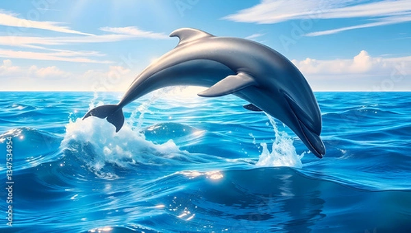 Fototapeta A sleek dolphin gracefully leaps out of the sparkling ocean, its smooth body glistening under the bright, clear sky.
