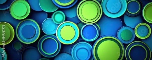 Fototapeta Neon blue and green circles overlapping in an art deco