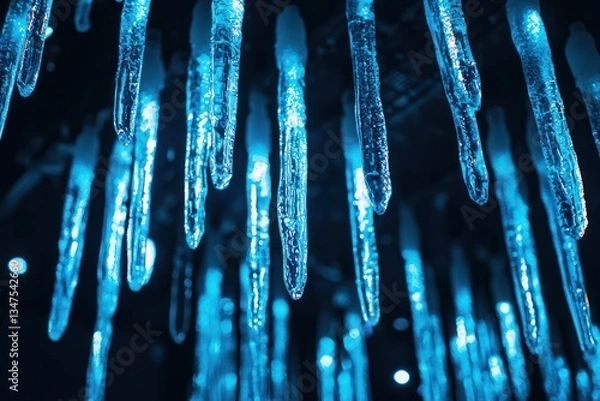 Fototapeta Neon blue icicles hanging from a dark ceiling