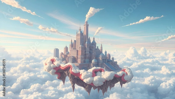 Fototapeta Floating metropolis towers above the clouds, with ornate domes and spires, connected to misty skies in a dreamlike world