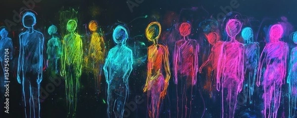 Fototapeta Neon chalk outlines figures on a blackboard