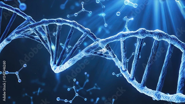 Fototapeta Real photo DNA helix structure on blue background under microscope. Genetic model, atoms are connected in a molecular chain.