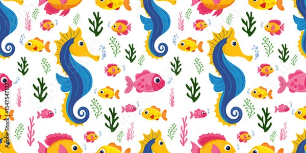 Fototapeta Vibrant ocean pattern with seahorses, tropical fish, seaweed on white isolated background. Vector ocean animals in exotic marine world concept. For prints, postcards, sea stories characters.