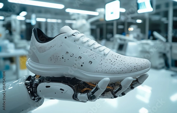 Fototapeta robotic hand holds sleek white running shoe in futuristic laboratory setting, showcasing advanced technology and design