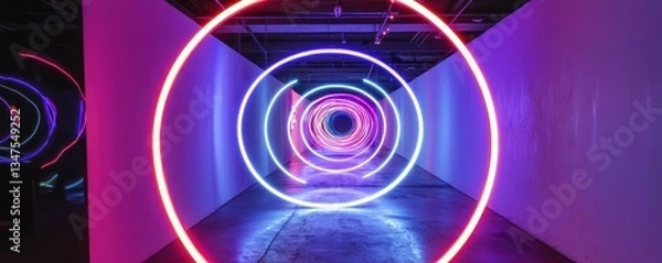 Fototapeta Neon glowing circles intersecting in an art installation