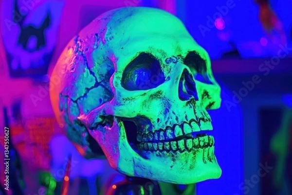 Fototapeta Neon green skull in a themed haunted house