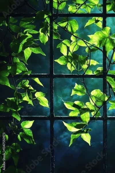 Fototapeta Neon green vines wrapping around a dark trellis