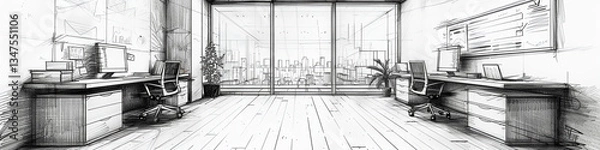 Fototapeta Sketch of Modern Office Interior with City View and Workspace