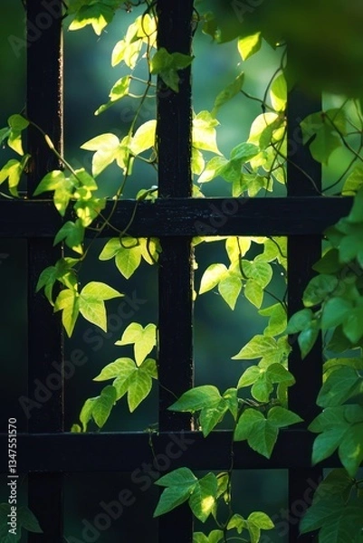 Fototapeta Neon green vines wrapping around a dark trellis