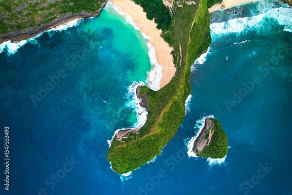 Obraz Cinematic aerial landscape shots of the beautiful island dinosaur of Nusa Penida. Huge cliffs by the shoreline and hidden dream beaches with clear water.