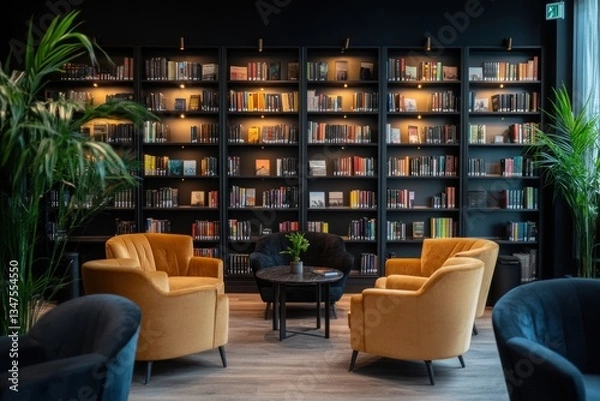 Obraz A modern library lounge with comfortable armchairs arranged around a small table, set against a backdrop of floor-to-ceiling bookshelves.