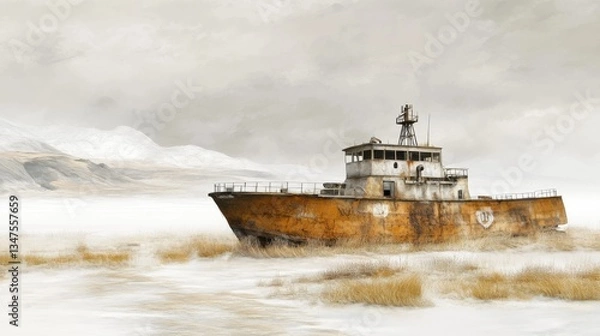 Obraz An old abandoned boat sits in a desolate winter landscape