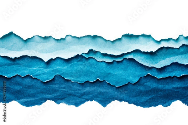 Fototapeta Torn paper layers in blue tones, textured background, cut out transparent