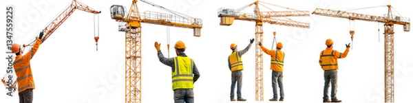 Fototapeta set of Correct instructions for operating a crane, hand signals: the key to safe construction, efficient crane operation with construction worker signals, on a transparent backgrounds