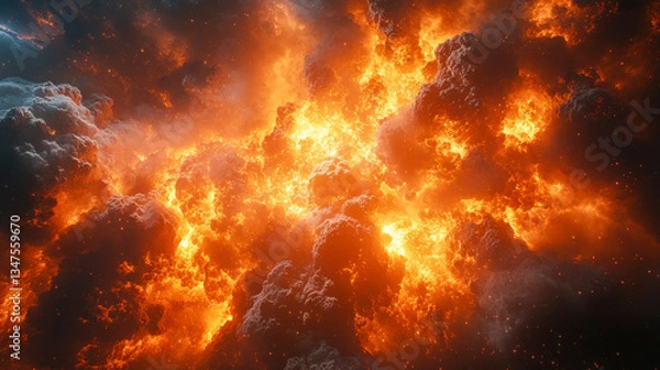 Fototapeta A vibrant explosion of fiery clouds and cosmic dust in deep space, radiating intense heat and energy