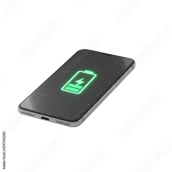 Fototapeta 3D Render of a Smartphone with a Charging Battery Icon on a Transparent Background
