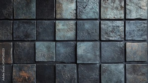 Fototapeta Square and polished, the mosaic tiles are arranged to create a wall, with a semigloss finish, and are set against a background of 3D, stacked bricks that make up a concrete block, as shown in the 3D