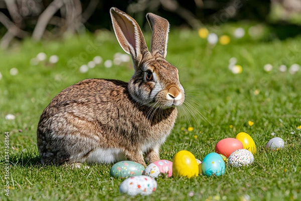 Fototapeta A rabbit is sitting in a field with Easter eggs in front of him. The eggs are painted in different colors.