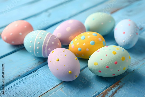 Fototapeta Eggs painted in different colors and patterns. The eggs are arranged on a wooden surface. The colors and patterns create a cheerful and festive atmosphere.