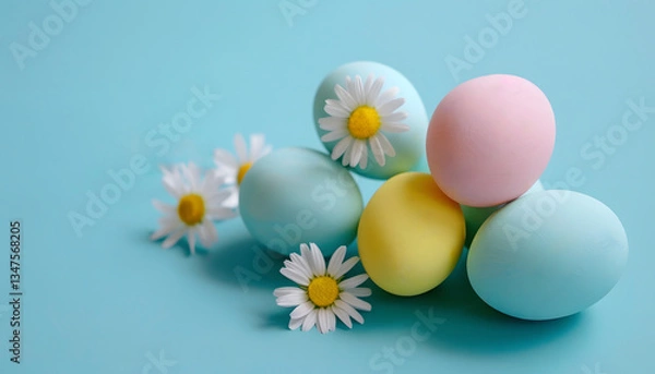 Fototapeta A pastel-painted Easter egg on a blue background. There are small white flowers in the scene. The eggs are of different colors.