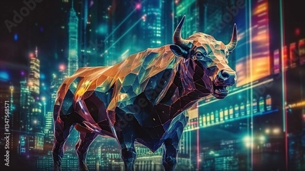 Obraz Abstract Polygonal Bull in Neon Cityscape at Night