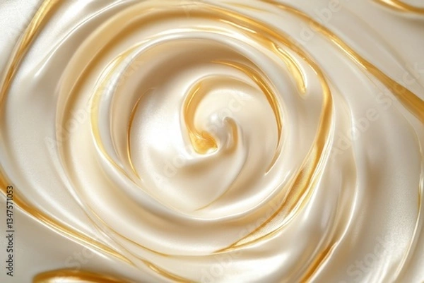 Fototapeta Luxurious golden cream texture with smooth, glossy swirls. Skincare and beauty product concept for hydration and radiance. Copy space