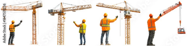 Fototapeta set of Construction worker coordinates instructions with hand gestures, construction worker shows the way to the crane operator, on a transparent backgrounds