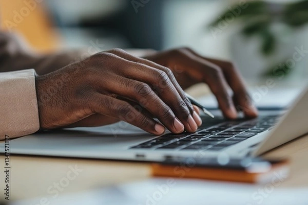 Obraz Close-up of hands typing on laptop keyboard. (4)