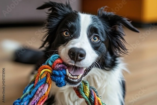 Fototapeta A playful and funny image of a cute, smiling Border Collie puppy gripping a vibrant rope toy. This little furry friend, the newest addition to the family, enjoys playtime at home with its owner