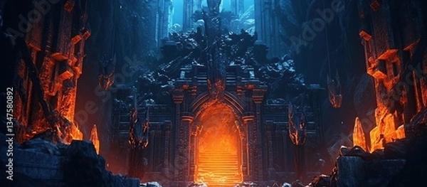 Obraz Mysterious Dark Cave with Fiery Elements and Ancient Structures
