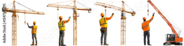 Fototapeta set of a construction worker guiding a crane operator using proper hand signals, on a transparent backgrounds