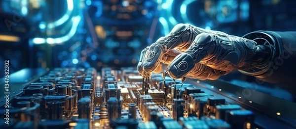 Obraz Robotic Hand Interacting with Circuit Board in Futuristic Environment