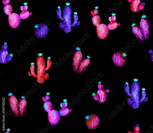 Obraz colorful Seamless Set of hand painted watercolor elements for your design with cactus plants and more.Perfect for your project,wedding,greeting card,blogs,wreaths,pattern and more Black background 