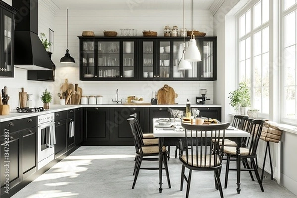 Fototapeta Black & white modern farmhouse kitchen with dining area