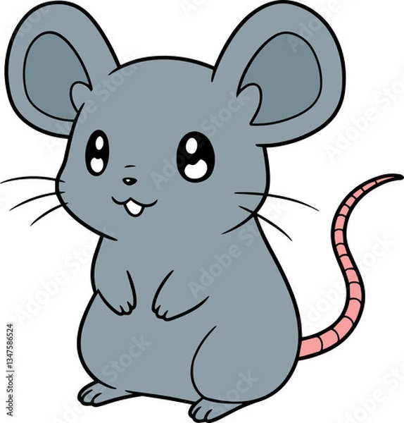 Fototapeta Cute Gray Mouse Character With Pink Tail and Big Ears Making Cheerful Expressions