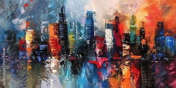 Fototapeta Abstract painting of urban skyscrapers, blending bold colors and dynamic brushstrokes to capture the essence of city life, towering architecture, and modern urban energy in a creative and artistic for
