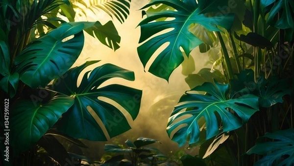 Fototapeta Lush foliage of large tropical leaves.  Bright light shines, creating an alluring, natural, jungle scene