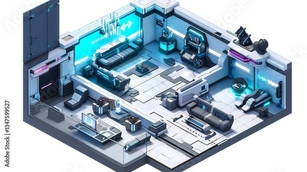 Fototapeta Isometric interior cutaway of futuristic cyberpunk themed living room neon lit accents sleek tech furniture immersive ambiance white background
